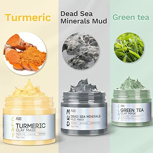 Three clay masks: Turmeric, Dead Sea Minerals Mud, Green Tea.