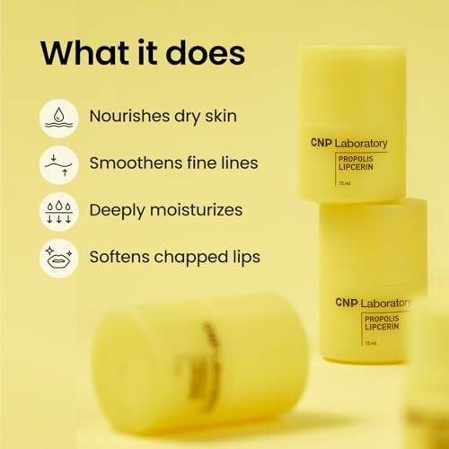 CNP Laboratory Propolis Lip Cream benefits listed with product containers.