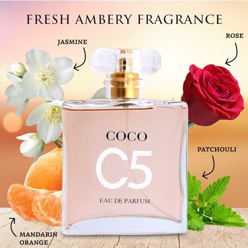 Coco C5 perfume bottle with jasmine, rose, mandarin orange, and patchouli