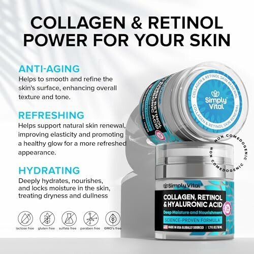 Collagen and retinol skincare products with benefits for anti-aging, refreshing, and hydrating.