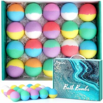 Box of colorful bath bombs in assorted colors.