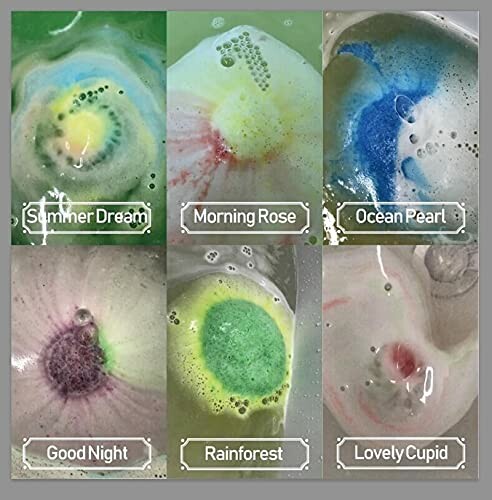 Six colorful bath bombs labeled: Summer Dream, Morning Rose, Ocean Pearl, Good Night, Rainforest, Lovely Cupid.