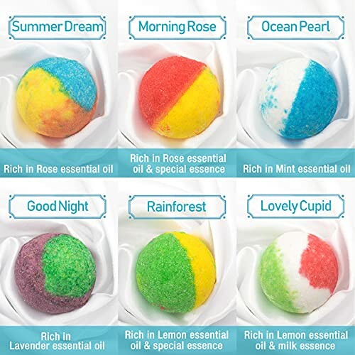 Six colorful bath bombs labeled Summer Dream, Morning Rose, Ocean Pearl, Good Night, Rainforest, Lovely Cupid.