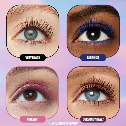 Four eyes with different mascara shades: very black, blue mist, pink air, burgundy haze.