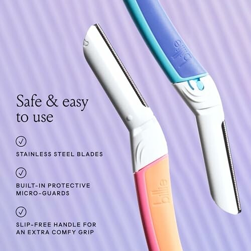 Colorful razors with safety features highlighted.