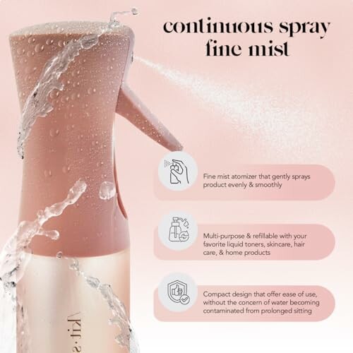 Continuous spray bottle with benefits listed