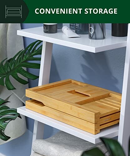 Shelf with bamboo tray and toiletries for convenient storage.