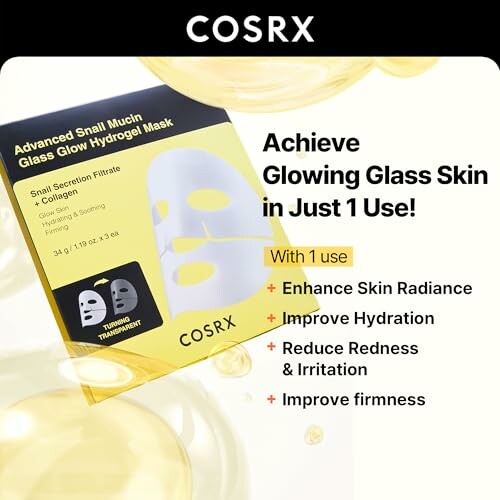 COSRX Advanced Snail Mucin Glass Glow Hydrogel Mask with benefits listed.