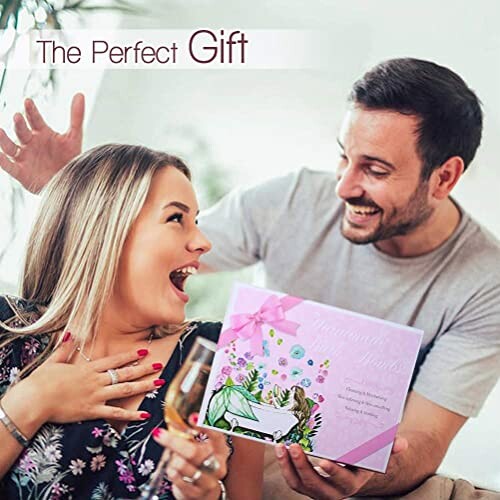 A smiling couple exchanging a gift box, labeled 'The Perfect Gift'.