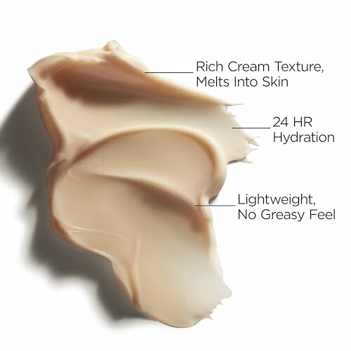 Cream texture with descriptions: rich cream texture, melts into skin, 24 HR hydration, lightweight, no greasy feel.