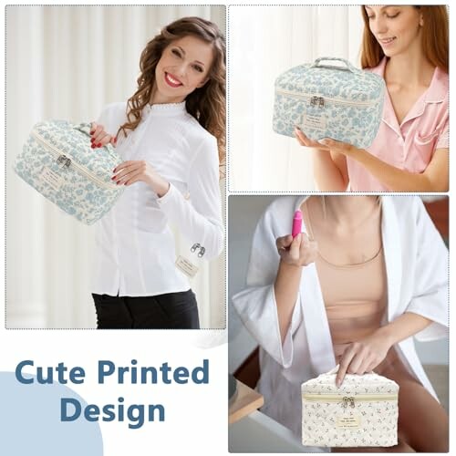 Women holding and using a printed makeup bag with cute design