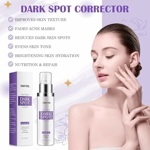 Woman applying dark spot corrector with product features listed.