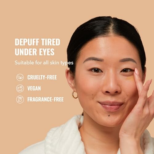 Woman applying under-eye product with text about skincare benefits.