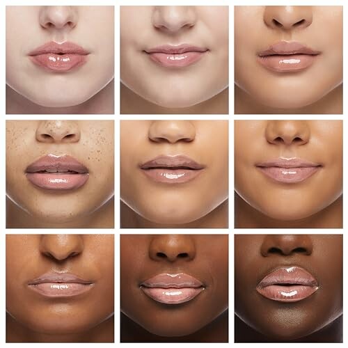 Grid of nine images showing diverse lips with glossy lipstick.