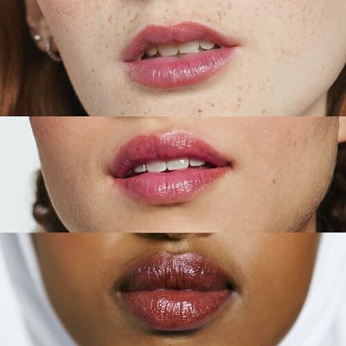 Close-up of three different women's lips wearing lipstick in various shades.