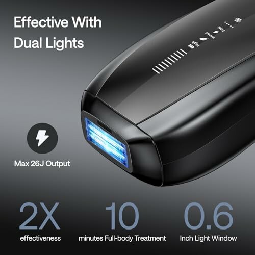 Hair removal device with dual lights and max 26J output.