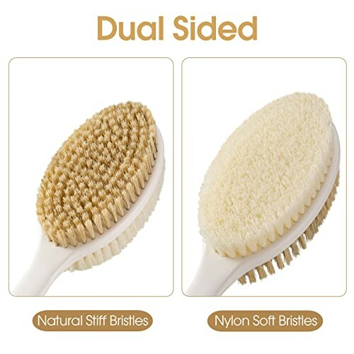 Dual sided body brush with natural stiff and nylon soft bristles.