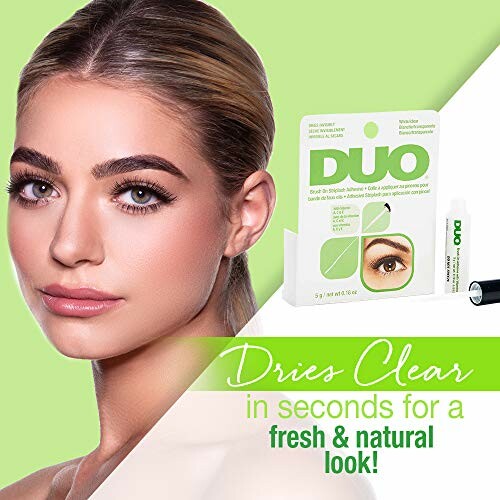 DUO eyelash adhesive advertisement with model and product packaging.