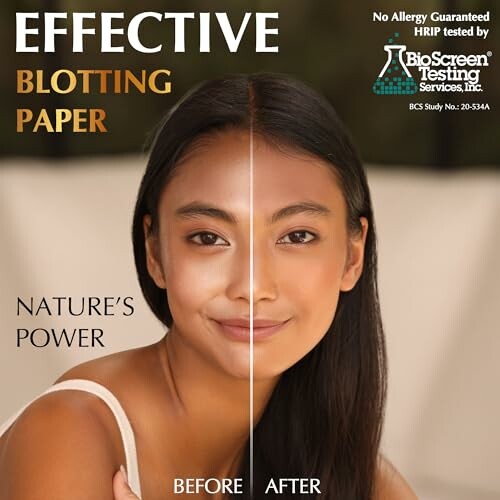 Advertisement showing before and after use of blotting paper on a woman's face.