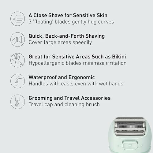 Electric shaver with features listed: close shave for sensitive skin, quick shaving, great for sensitive areas, waterproof and ergonomic, grooming accessories.