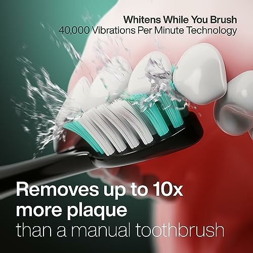 Electric toothbrush cleaning teeth with water splashes.