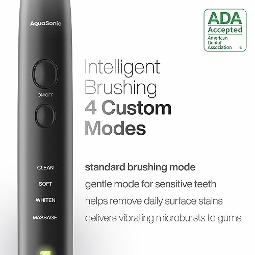 Electric toothbrush with ADA seal, showing intelligent brushing modes and benefits.