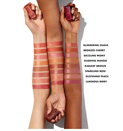 Arms with swatches of e.l.f. lip balm shades in various colors.