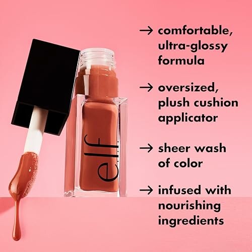 Lip gloss with ultra-glossy formula, cushion applicator, sheer color, nourishing ingredients.