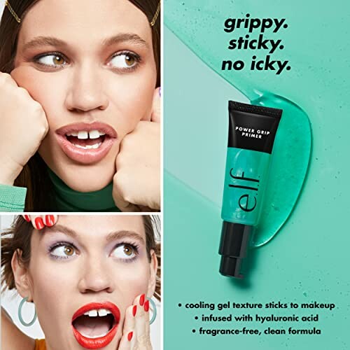 elf Power Grip Primer ad with two women and product tube.