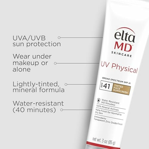 EltaMD UV Physical SPF 41 sunscreen tube with features list