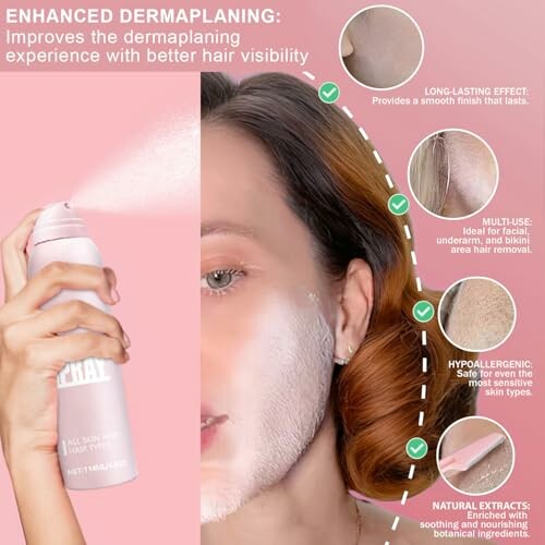 Woman using dermaplaning spray with benefits listed.