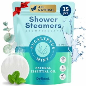 Eucalyptus mint shower steamers packaging with natural elements.