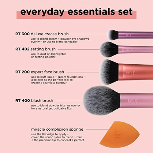 Everyday essentials brush set with makeup brushes and sponge.