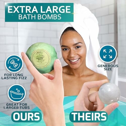 Comparison of extra large bath bombs held by a person, highlighting size and fizz benefits.