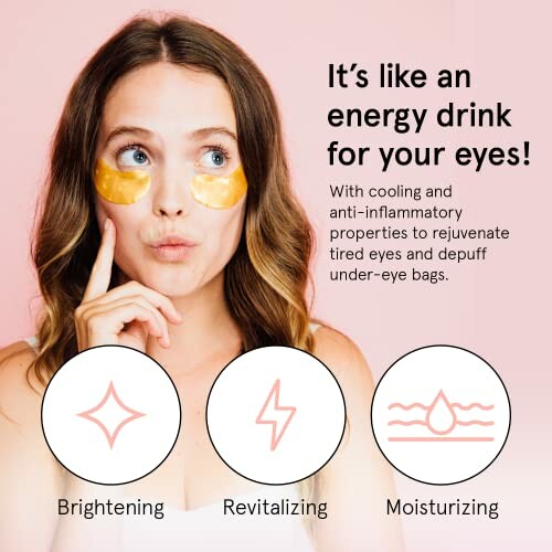 Woman with eye masks showcasing benefits: brightening, revitalizing, moisturizing.