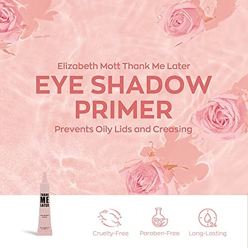 Eye shadow primer advertisement with roses and product benefits.