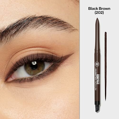 Close-up of an eye with Revlon ColorStay eyeliner pencil in black brown.