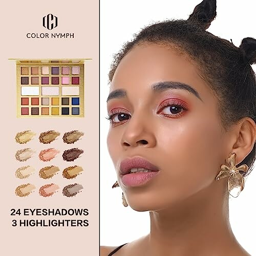 Woman with makeup and eyeshadow palette featuring 24 eyeshadows and 3 highlighters.