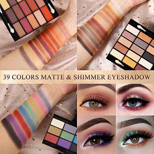 39 colors matte and shimmer eyeshadow palette with swatches and eye makeup examples