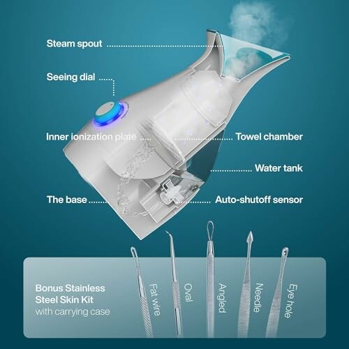 Facial steamer with labeled parts and bonus stainless steel skin kit.