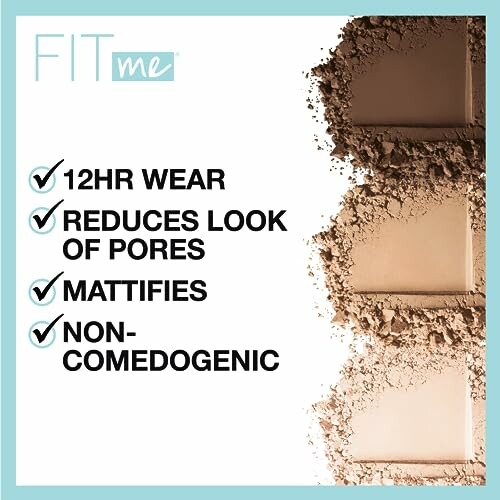 Fit Me powder benefits: 12-hour wear, reduces pores, mattifies, non-comedogenic.