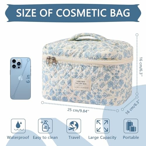 Floral cosmetic bag with dimensions and features.