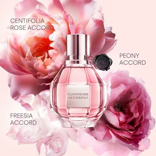 Flowerbomb perfume bottle with peony, centifolia rose, and freesia accords.