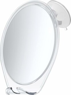 Fogless shaving mirror with suction cup.