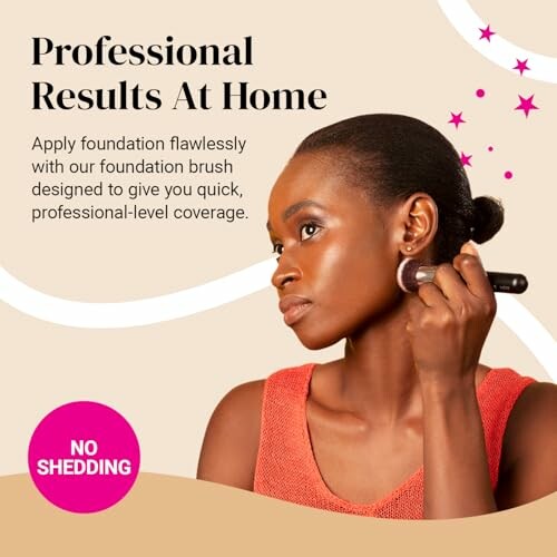 Woman applying foundation with a brush for professional results at home.