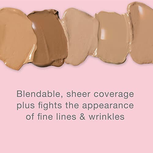 Four foundation swatches and text on pink background.