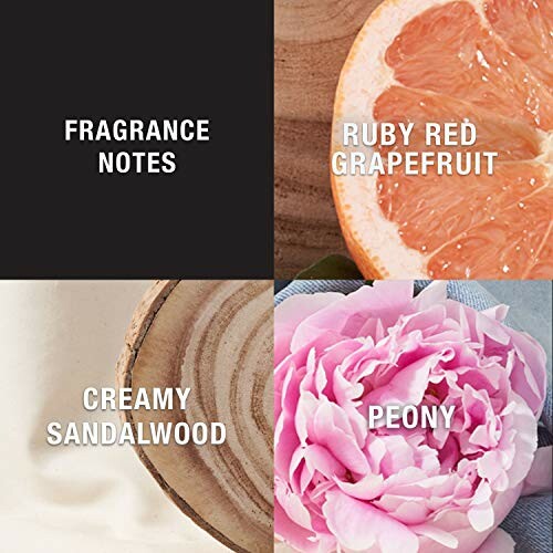 Fragrance notes with images of ruby red grapefruit, creamy sandalwood, and peony.