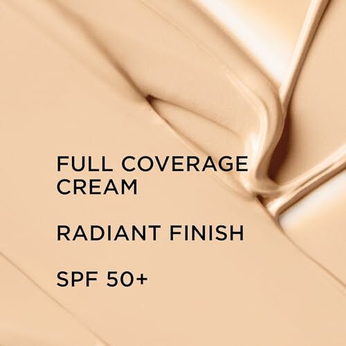 Cream texture with text: Full Coverage Cream, Radiant Finish, SPF 50+.