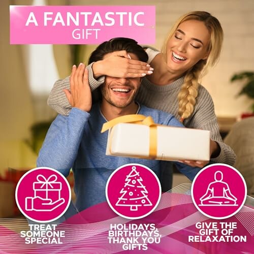 Smiling couple with gift, holiday and relaxation themes