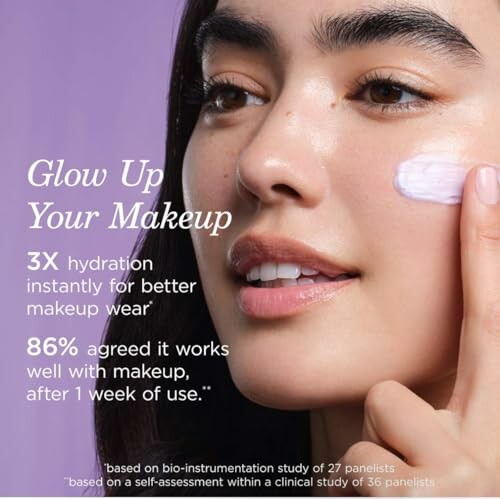 Woman applying moisturizer with text promoting makeup benefits.